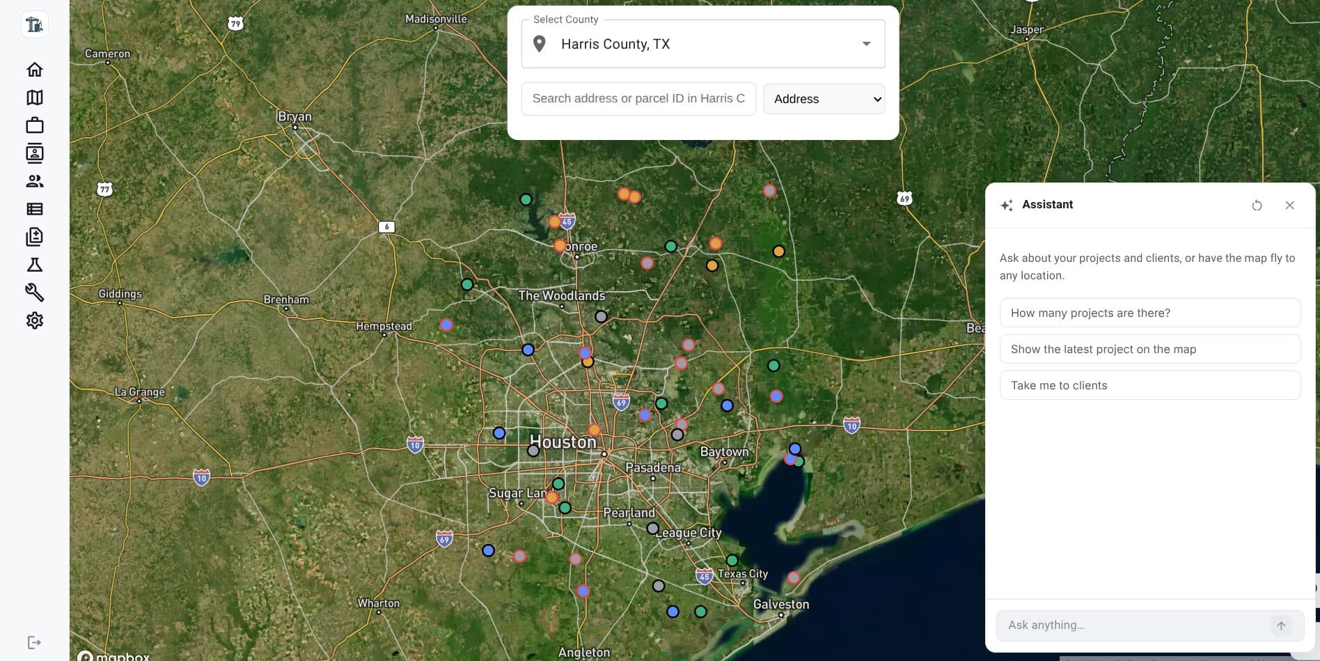 County-first project map. Projects sit on the parcel layer and are searchable by address or parcel ID, with the assistant answering questions against the same data.
